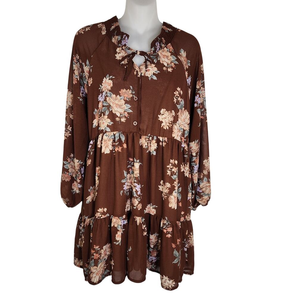 American Eagle Womens Mini Dress Small Tiered Long Sleeves Brown Floral Tie Neck